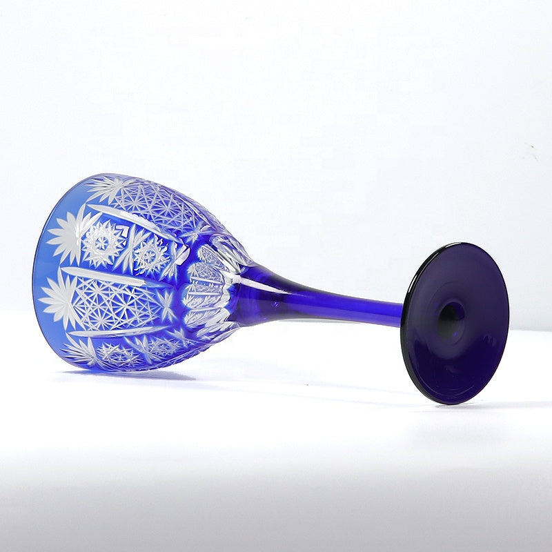Crystal Glass Wine Cup Japanese Edo Kiriko Colored Glass Bohemia Style Hand Carved Drinking Cup Red Wine Goblet Blue