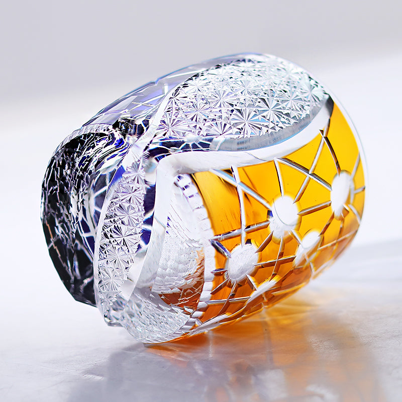 260ml Yellow Blue Edo Kiriko Crystal Whiskey Rock Glass Colored Rock Tumbler Glassware Gift Pack/ Coaster1pc