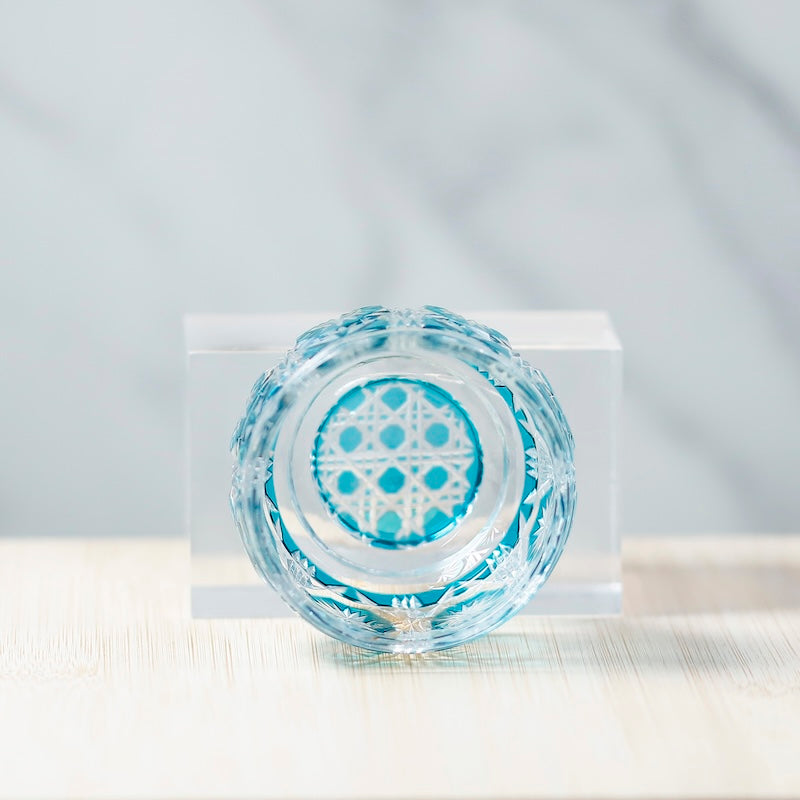 Edo Kiriko Sky Blue Colored Hand-Cut Shot Glass Small Sake Cup for Liquor Japandi Design Style with Gift Box