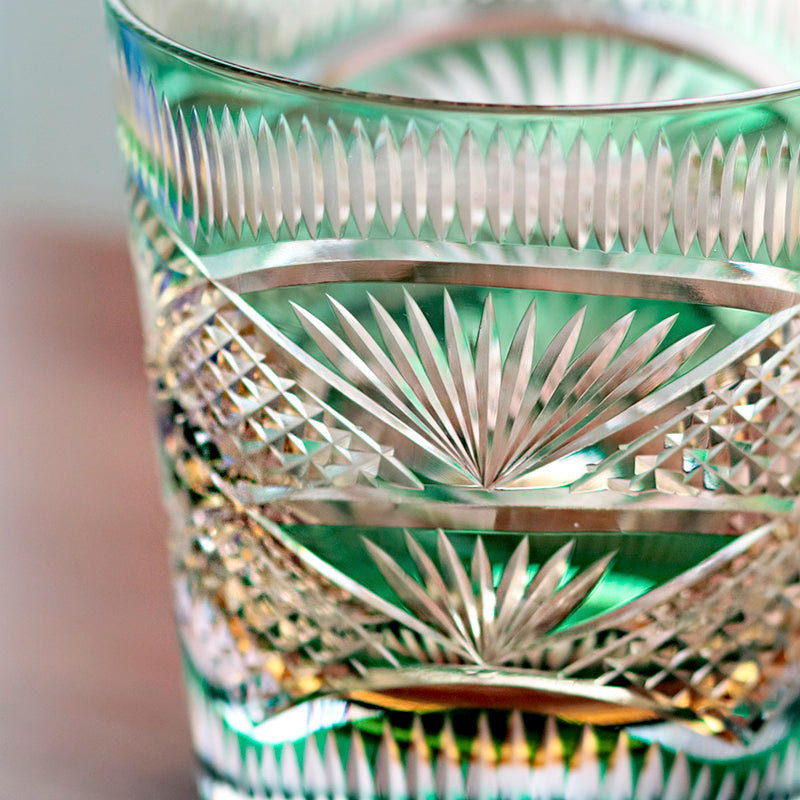 Hand Cut to Amber Green 11oz Edo Kiriko Crystal Whiskey Glass Colored Rock Tumbler Hand Cut Drinkingware Gift Packing 1pc