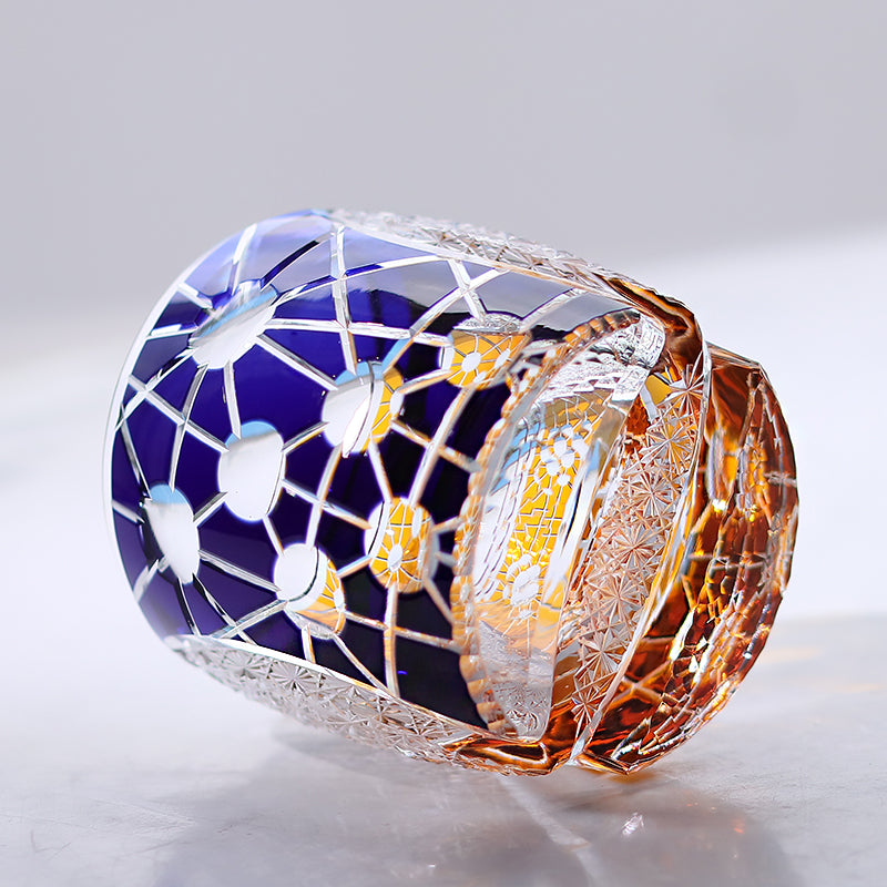 260ml Yellow Blue Edo Kiriko Crystal Whiskey Rock Glass Colored Rock Tumbler Glassware Gift Pack/ Coaster1pc