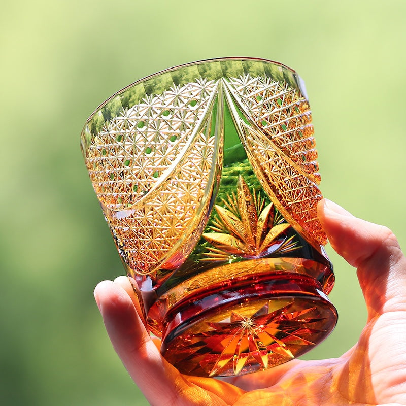 330ml Amber Green Edo Kiriko Fashioned Whiskey Glass with Gift Box New Design Trendy Drinkware for Fine Spirits