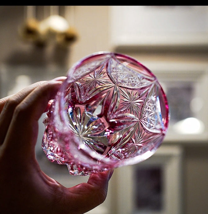 Pink 8oz Edo Kiriko Colored Rock Tumbler Hand Cut to Clear Crystal Whiskey Glass Gift Packing 1pc for Collection