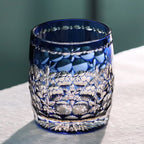 Modern Lead Blue Crystal Rock Whiskey Glass 350ml Japanese Edo Kiriko Hand Carved Pattern Artwork for Cocktails