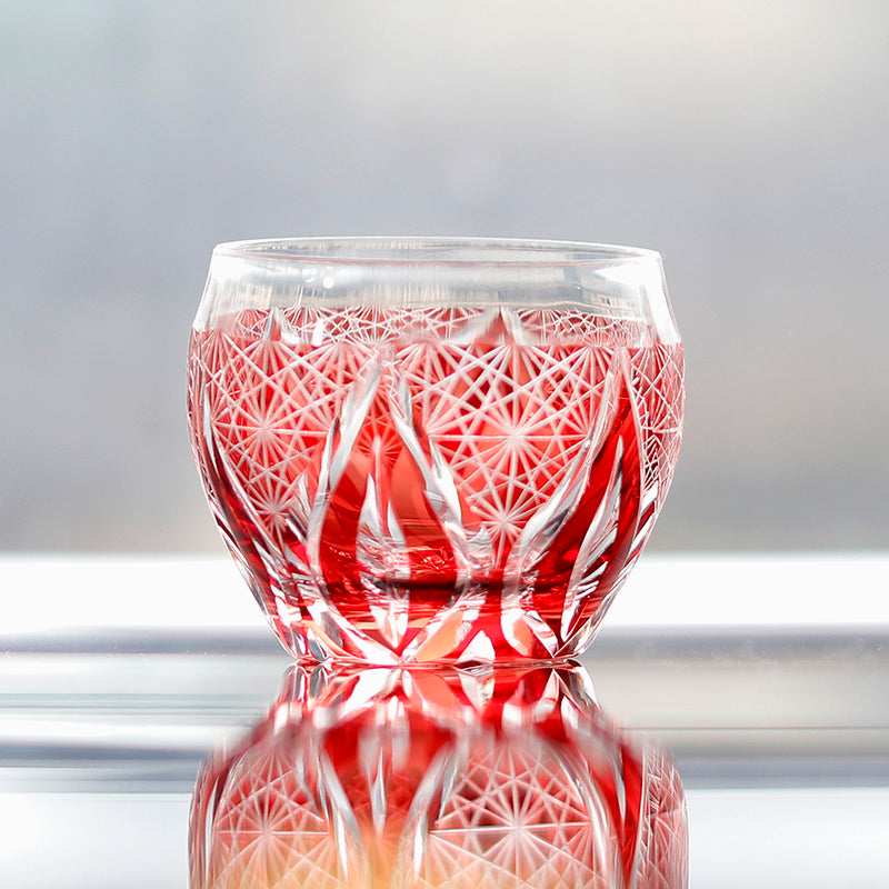 Red Edo Kiriko Colored Hand-Cut Shot Glass Small Gass for Liquor Japandi Design Style with Gift Box