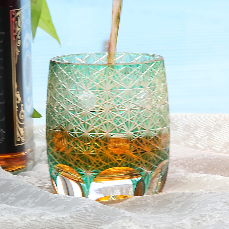 Green 10oz Edo Kiriko Crystal Hand Cut Whiskey Glass Colored Drinkingware Gift Packing 1pc for Wedding/Party