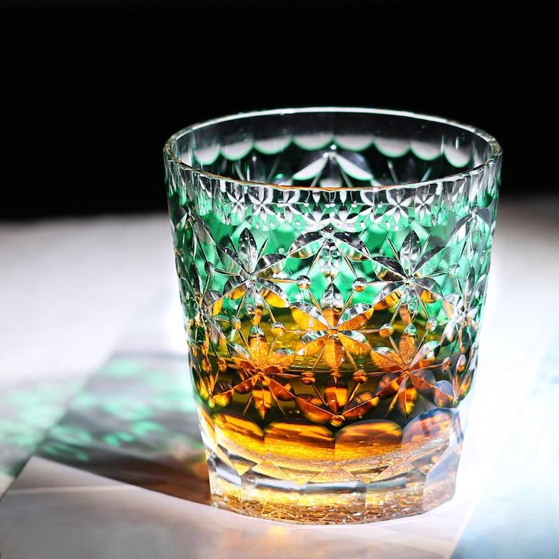 Vintage Drinking 24% Pbo Lead Crystal Glasses Edo Kiriko Hand Cut Colored Glass Whiskey 320ml Pair Clear Green/Purple