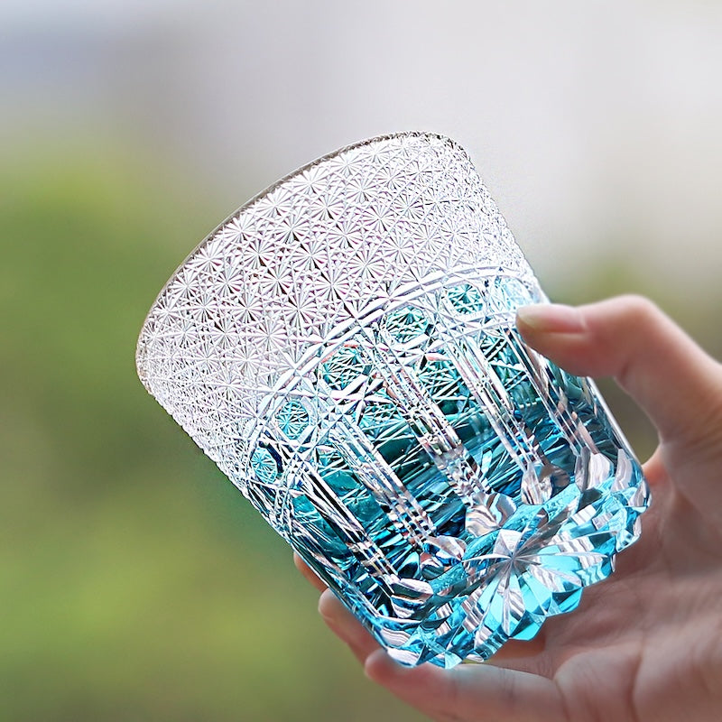 Sky Blue Edo Kiriko Crystal Hand Cut Whiskey Glass Colored Drinkingware Gift Packing 1pc for Wedding/Party 330ml