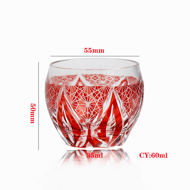 Red Edo Kiriko Colored Hand-Cut Shot Glass Small Gass for Liquor Japandi Design Style with Gift Box