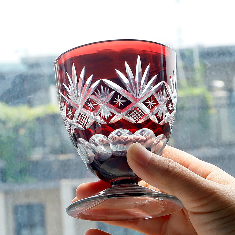 Hand Cut Ruby Red Blue Short Stem Drinking Glass 160 ml Shot Glasses Sake Cup Korea Soju Shot Glass Guest Party Favors