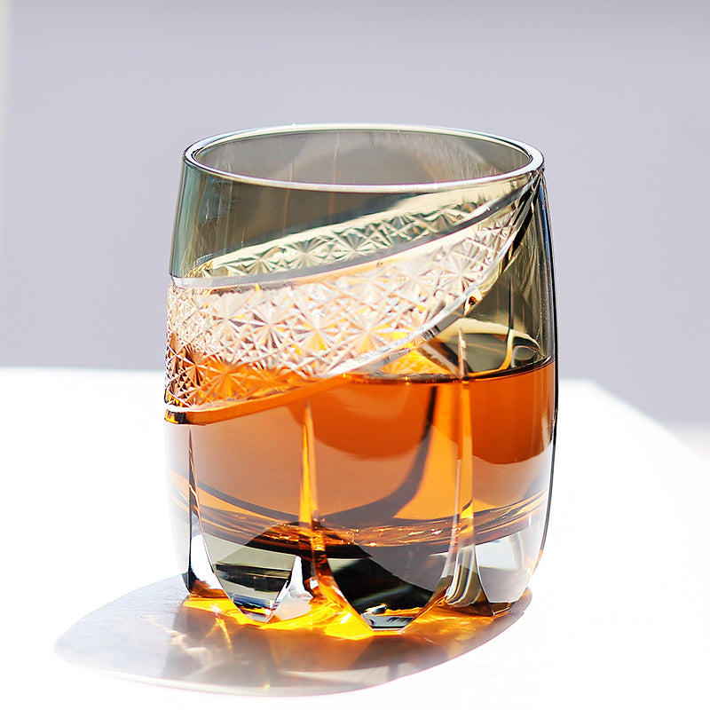 Hand Cut Kiriko Whisky Glass Color Engraved Glass Luxury Whiskey Glass with Gift Box Gray 310ml
