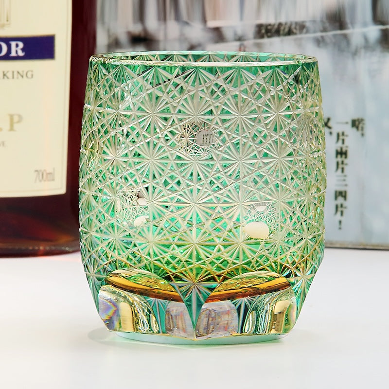 Green 10oz Edo Kiriko Crystal Hand Cut Whiskey Glass Colored Drinkingware Gift Packing 1pc for Wedding/Party