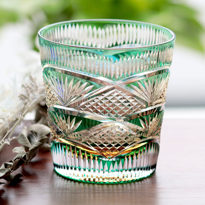 Hand Cut to Amber Green 11oz Edo Kiriko Crystal Whiskey Glass Colored Rock Tumbler Hand Cut Drinkingware Gift Packing 1pc