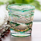 Hand Cut to Amber Green 11oz Edo Kiriko Crystal Whiskey Glass Colored Rock Tumbler Hand Cut Drinkingware Gift Packing 1pc