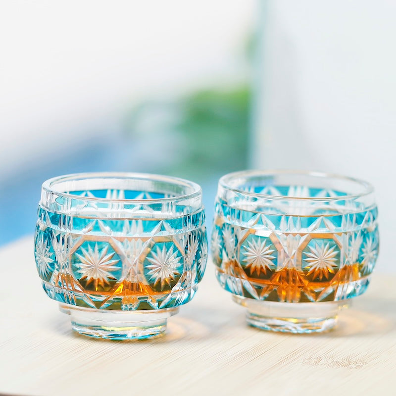 Edo Kiriko Sky Blue Colored Hand-Cut Shot Glass Small Sake Cup for Liquor Japandi Design Style with Gift Box