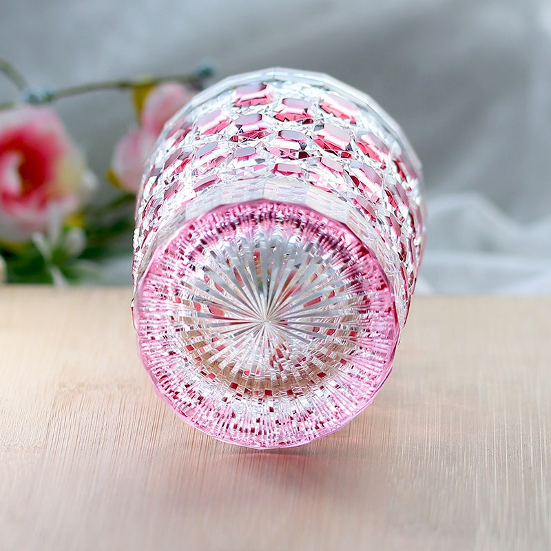 Hand Cut Colored Diamond Pattern Japanese Edo Kiriko Crystal Whiskey Glass Multi-color Rock Tumbler Drinkingware Gift Pack Pink