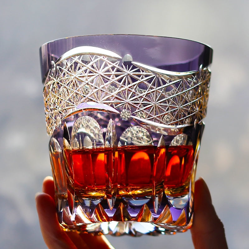 Vintage Drinking Lead Glasses Edo Kiriko Hand Cut Colored Glass Whiskey 320ml Pair Amber Green/Purple