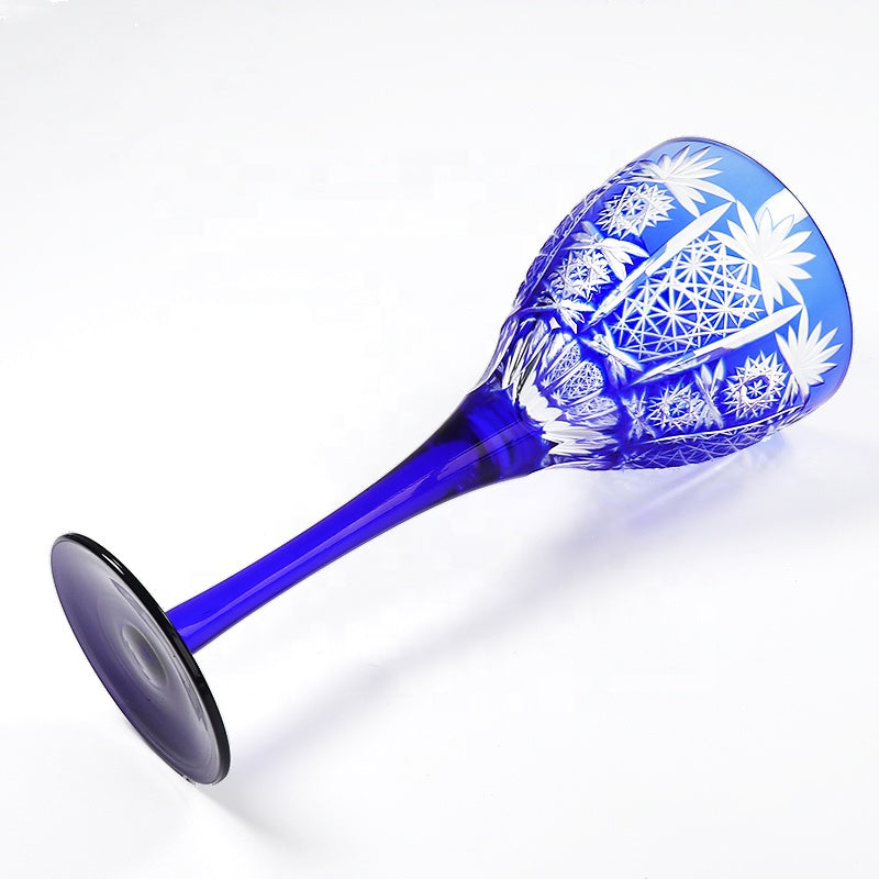 Crystal Glass Wine Cup Japanese Edo Kiriko Colored Glass Bohemia Style Hand Carved Drinking Cup Red Wine Goblet Blue