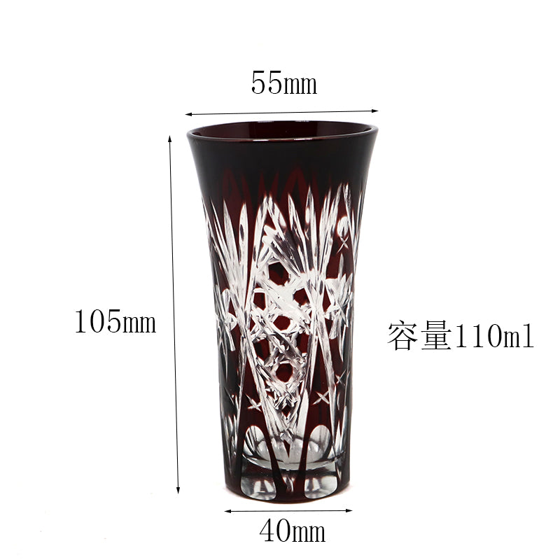 Hand Cut Clear Japanese Style Wine Red Colored Shot Glass Sake Glasses Acceptable for Factory Use with Wooden Box