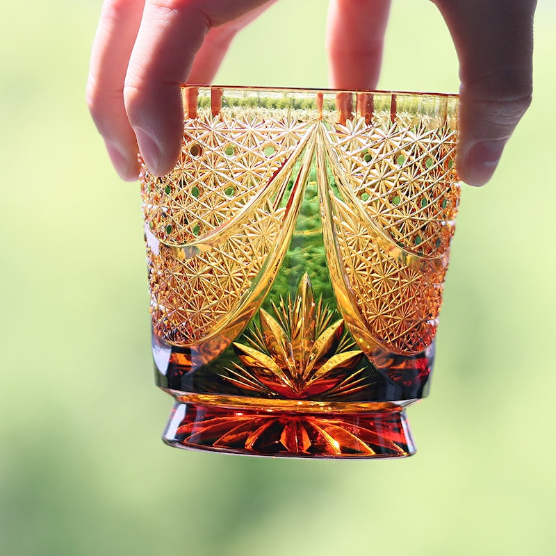 330ml Amber Green Edo Kiriko Fashioned Whiskey Glass with Gift Box New Design Trendy Drinkware for Fine Spirits