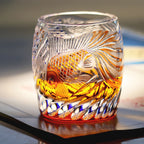 9oz Gold Fish Pattern Edo Kiriko Crystal Whiskey Glass Colored Rock Tumbler Tableware Gift Pack/ Coaster1pc Red and Blue