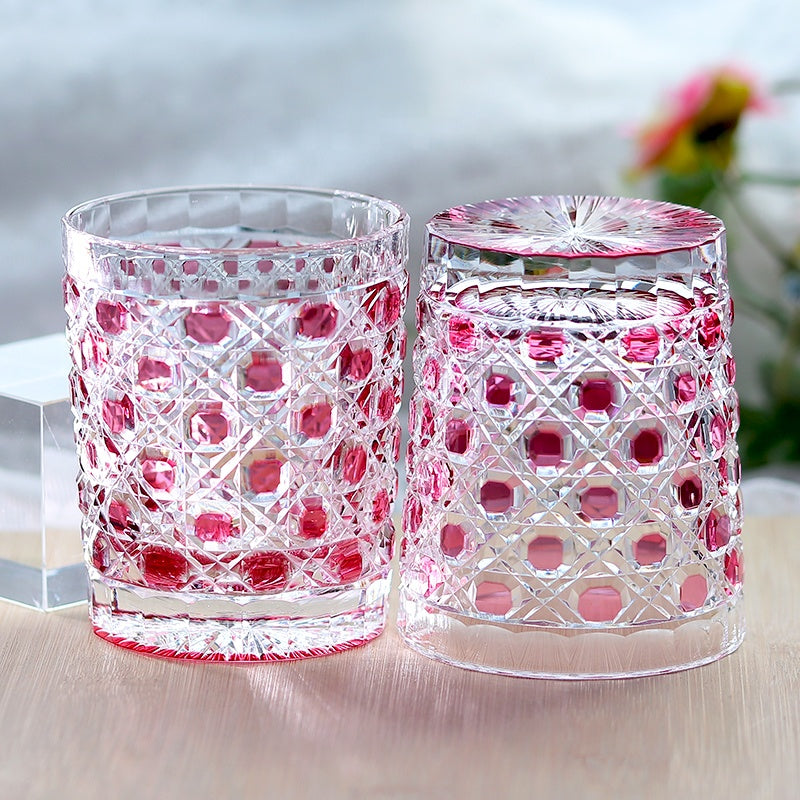 Hand Cut Colored Diamond Pattern Japanese Edo Kiriko Crystal Whiskey Glass Multi-color Rock Tumbler Drinkingware Gift Pack Pink