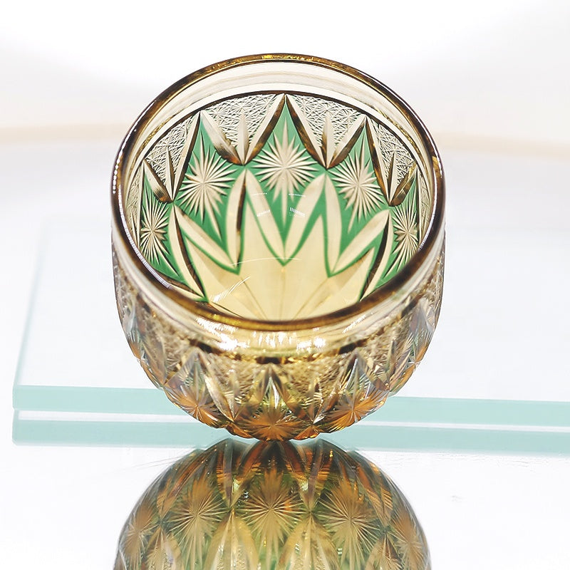 Amber Green Colored Hand-Cut Shot Glass Small Gass for Liquor Japandi Design Style with Gift Box