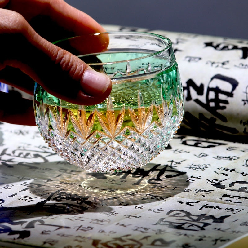Small Shot Glasses for Sake Colored Glass Hand-Cut Green and Blue Edo Kiriko Crystal Shot Glass 90ml Overlay Lead Crystal Glass