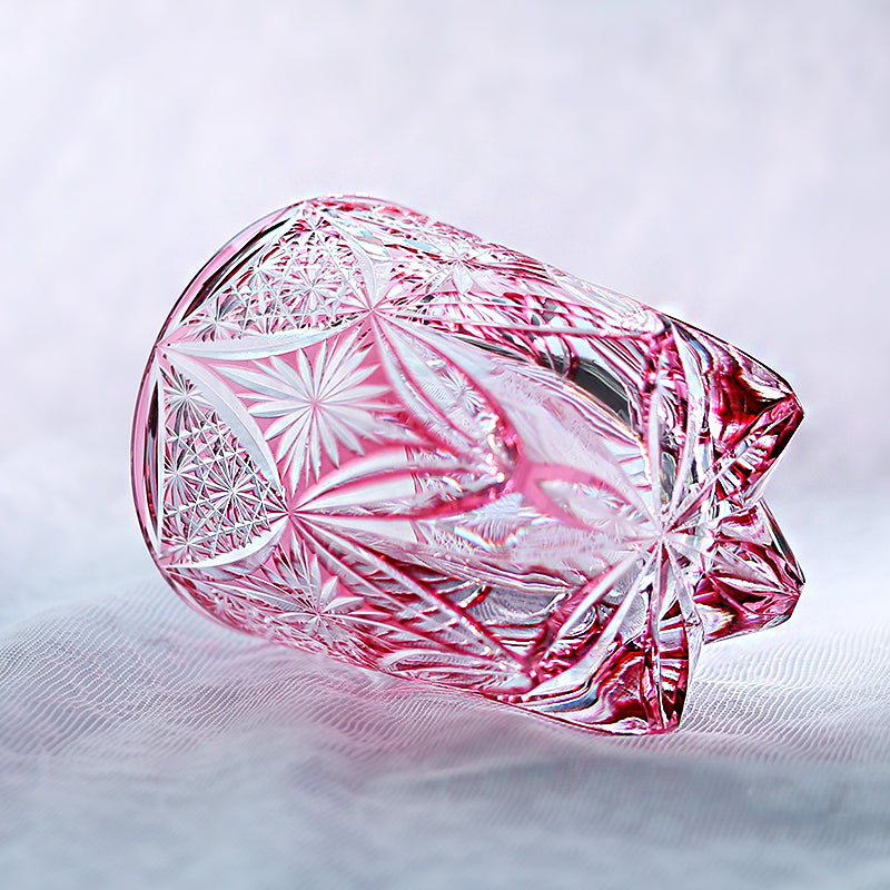 Pink 8oz Edo Kiriko Colored Rock Tumbler Hand Cut to Clear Crystal Whiskey Glass Gift Packing 1pc for Collection