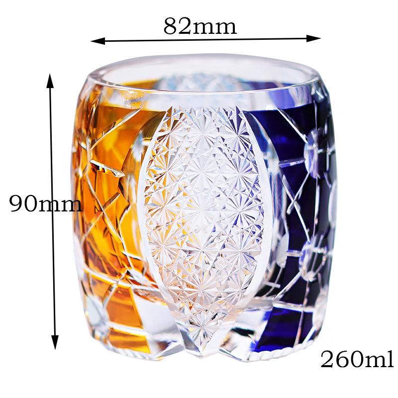 260ml Yellow Blue Edo Kiriko Crystal Whiskey Rock Glass Colored Rock Tumbler Glassware Gift Pack/ Coaster1pc