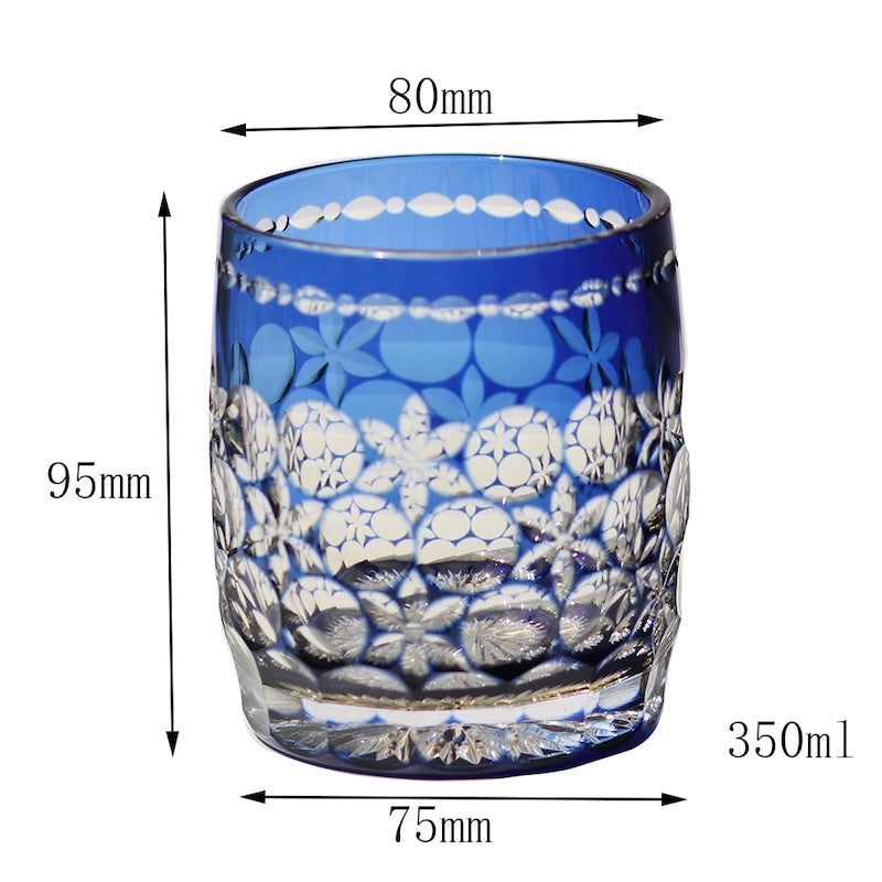 Modern Lead Blue Crystal Rock Whiskey Glass 350ml Japanese Edo Kiriko Hand Carved Pattern Artwork for Cocktails