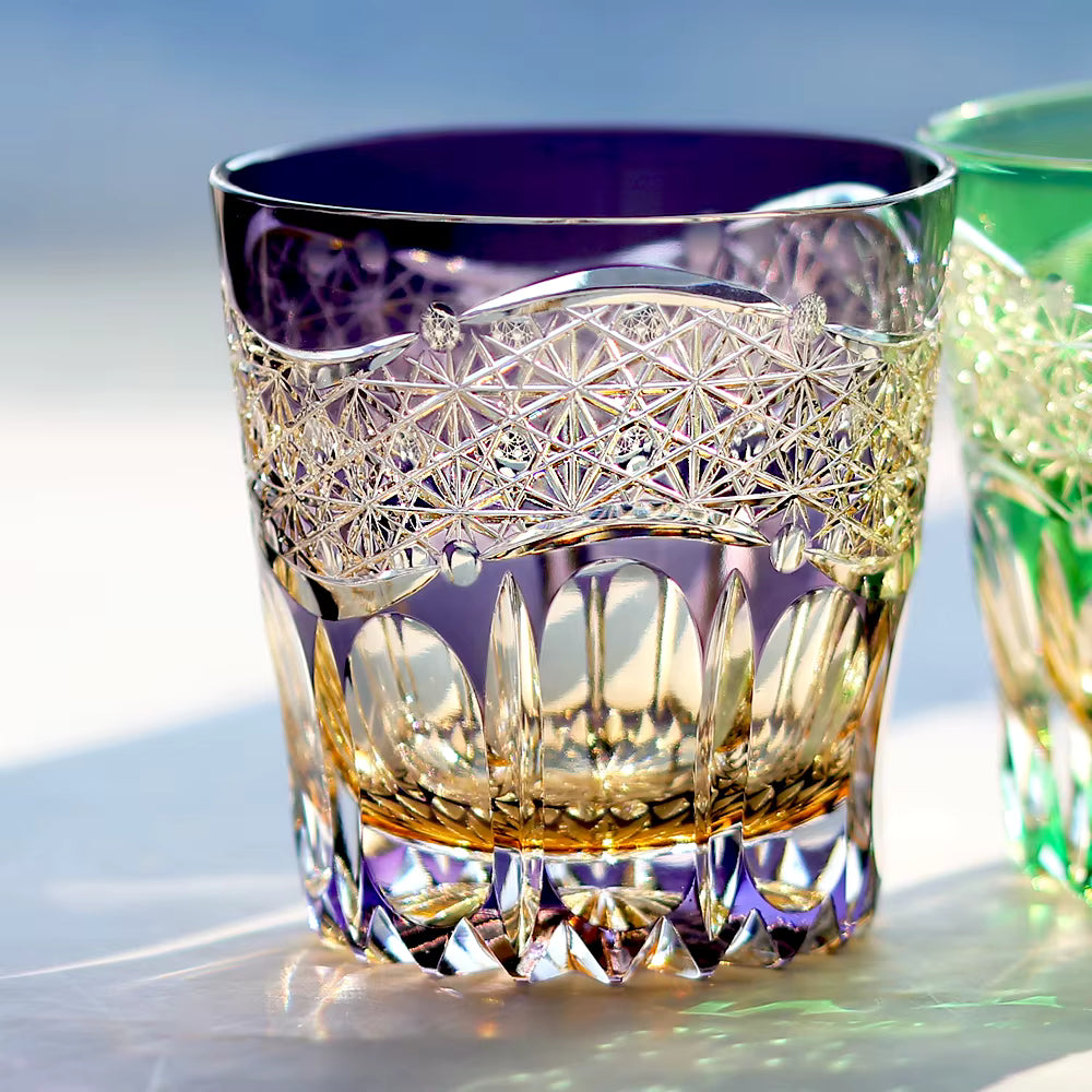 Vintage Drinking Lead Glasses Edo Kiriko Hand Cut Colored Glass Whiskey 320ml Pair Amber Green/Purple
