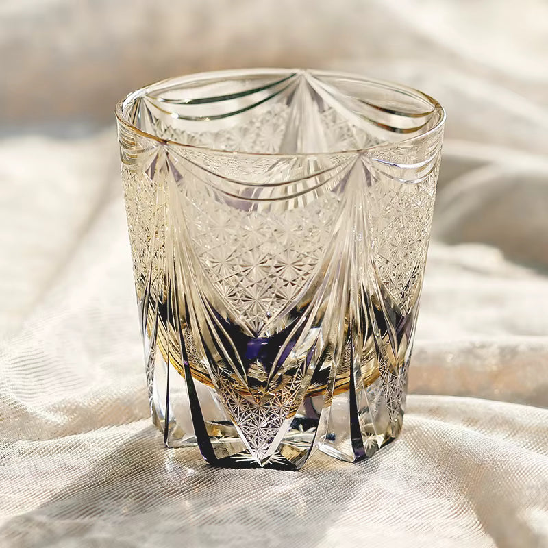 Multicolor 330ml Luxury Edo Kiriko Style Hand Carved Glass Cup for Whisky Brandy Cocktail Cold Drink Perfect for Wedding