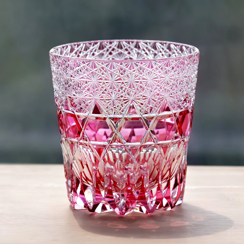 Gold Pink 320ml Whiskey Glass Hand Carved Chrysanthemum Star Pattern Edo Kiriko Japanese Crystal Tumbler Gift for Her