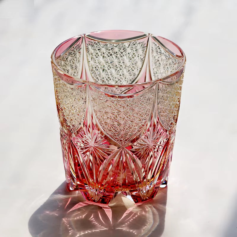 Gold Pink 320ml Whiskey Glass Hand Carved Chrysanthemum Star Pattern Edo Kiriko Japanese Crystal Tumbler Gift for Her