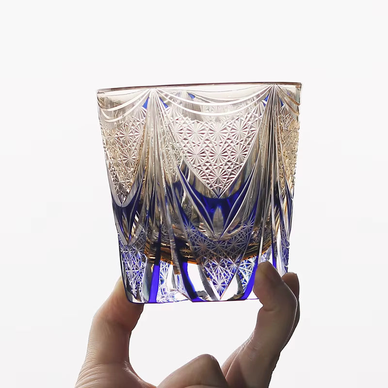 Multicolor 330ml Luxury Edo Kiriko Style Hand Carved Glass Cup for Whisky Brandy Cocktail Cold Drink Perfect for Wedding