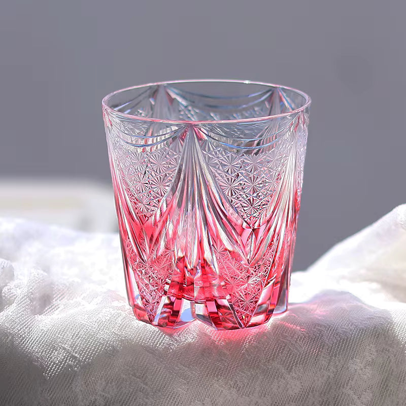 Multicolor 330ml Luxury Edo Kiriko Style Hand Carved Glass Cup for Whisky Brandy Cocktail Cold Drink Perfect for Wedding